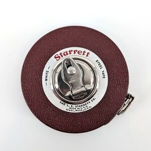 Starrett Vintage Steel Tape Measure White Blade Manual Wind Made in USA 50ft